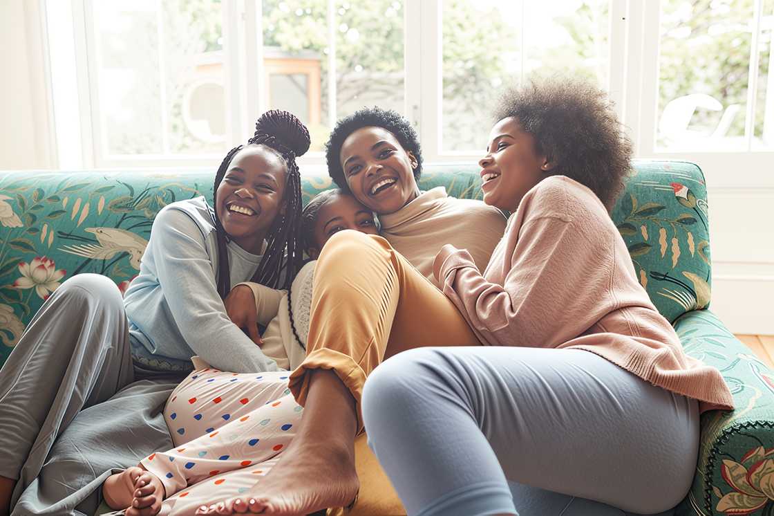 Portrait of a happy woman embracing girls