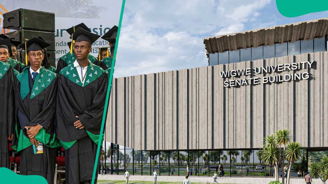 Wigwe University 2024 graduates (L). Wigwe University Senate building (R) Wigwe University 2024 graduates (L). Wigwe University Senate building (R)