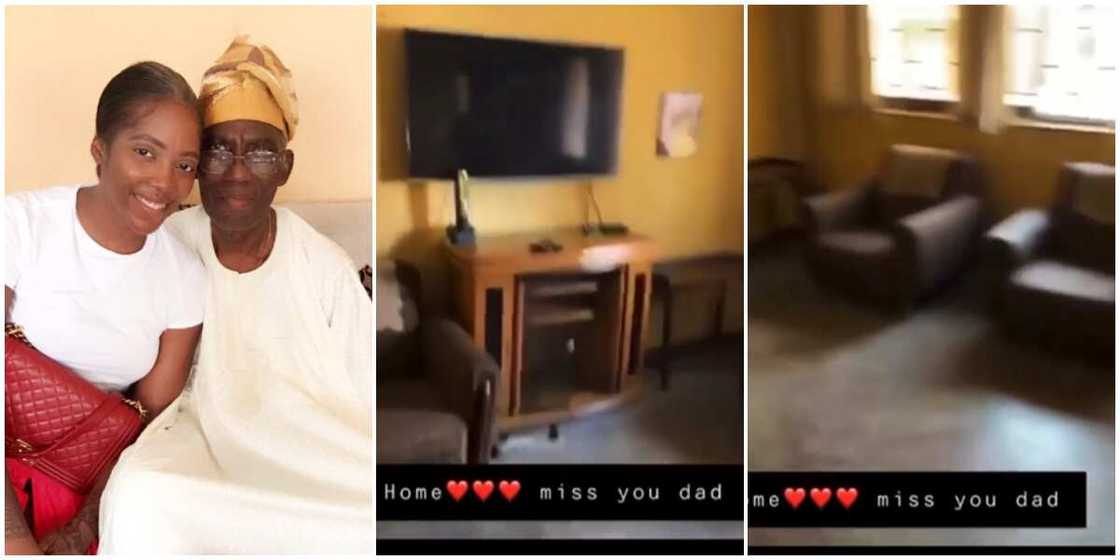 Mourning singer Tiwa Savage visits her late father's house.
