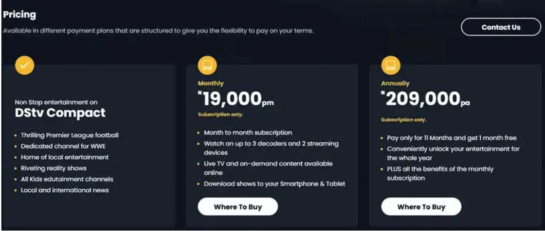 DStv Compact channels and subscription price in Nigeria.