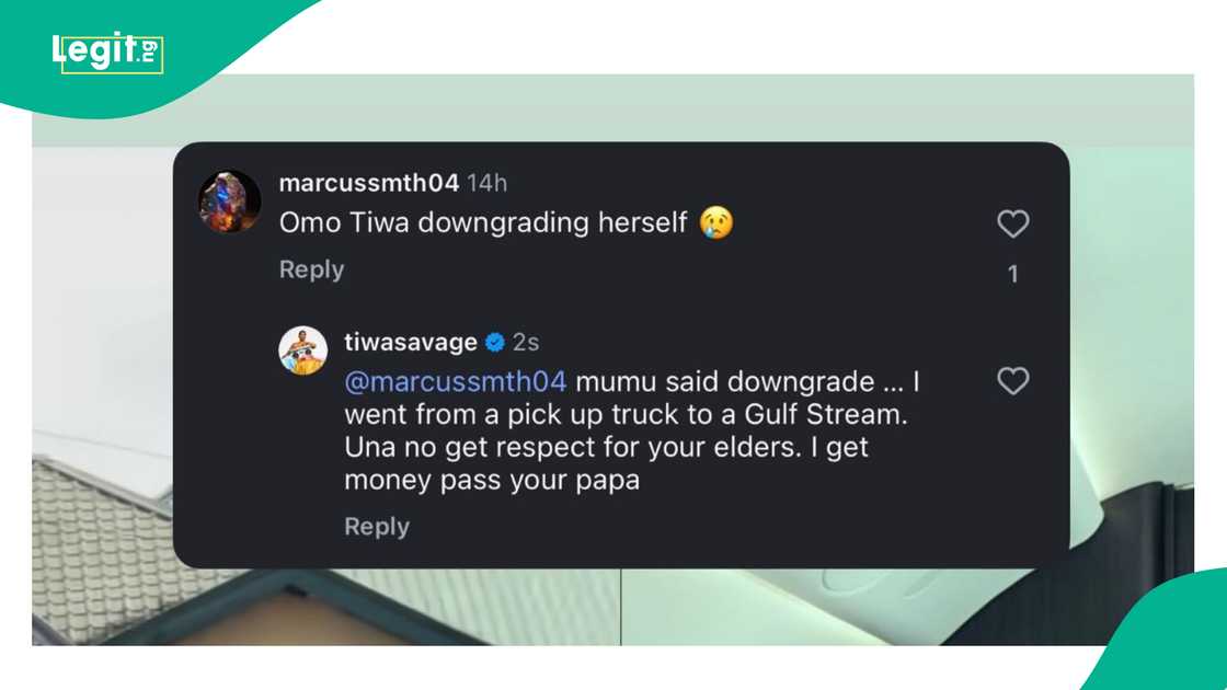 Tiwa Savage claps back at fan who criticised her.