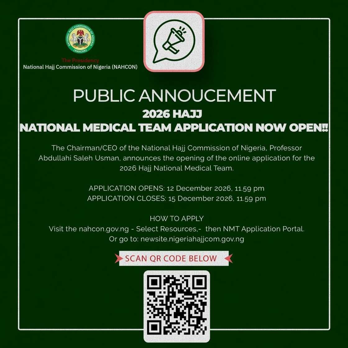 NAHCON adds that only applicants who meet the selection criteria will be contacted. NAHCON adds that only applicants who meet the selection criteria will be contacted.