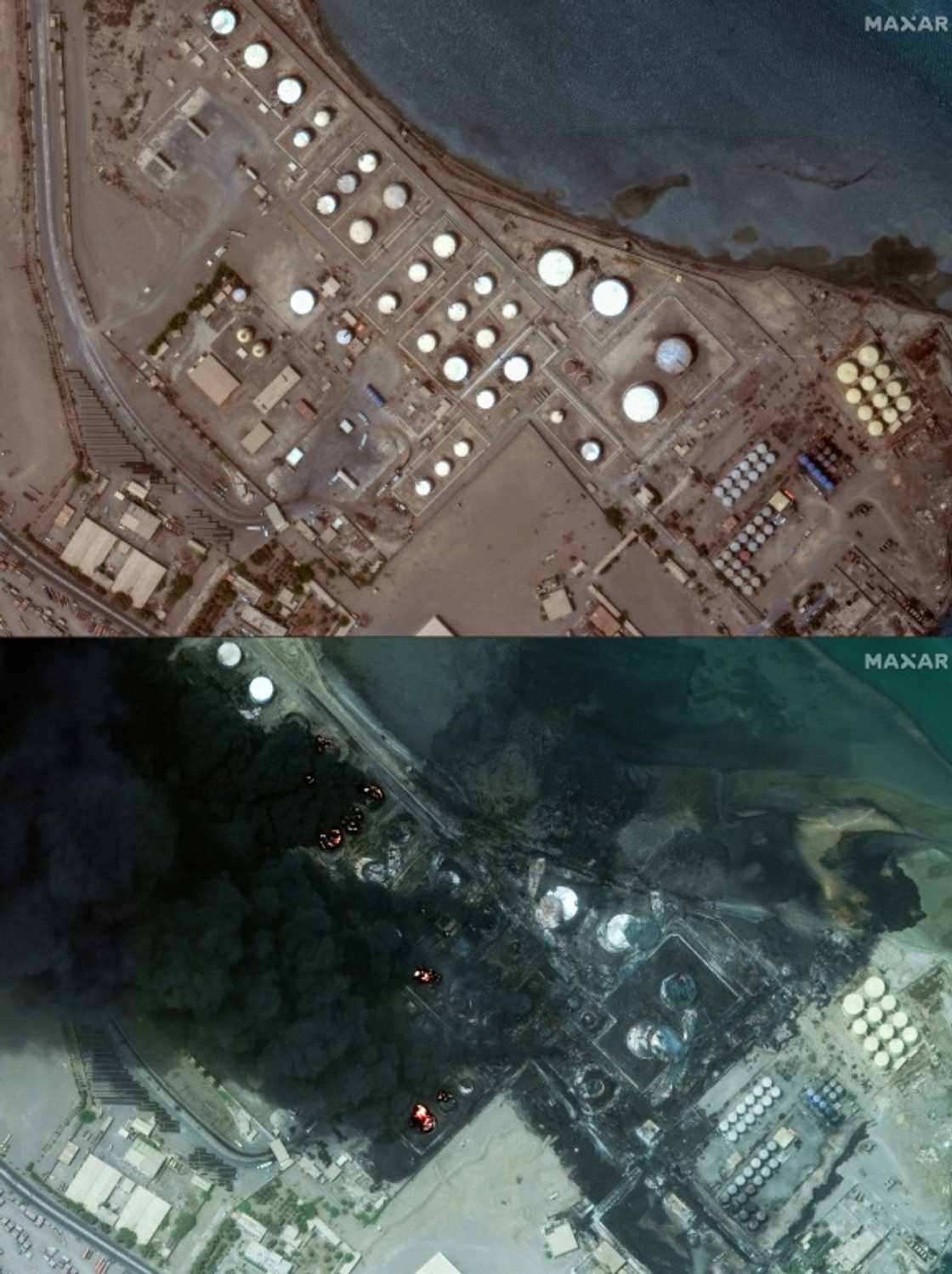 This combination of handout satellite images released by Maxar Technologies shows
(top) a view of oil tanks in the port of Yemen's Huthi-held city of Hodeida on July 2, 2024, and a view of burning oil tanks in the same port on July 21, 2024