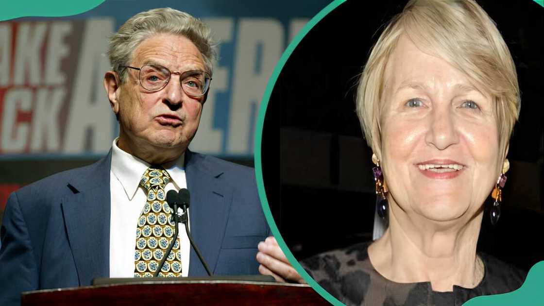 George Soros in Washington, DC. (L). Annaliese Witschak in a black dress (R).