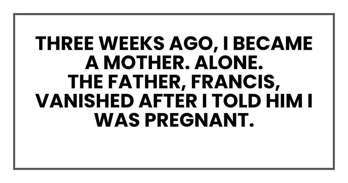 Three weeks ago, I became a mother. Alone.
The father, Francis, vanished after I told him I was pregnant. Three weeks ago, I became a mother. Alone.
The father, Francis, vanished after I told him I was pregnant.