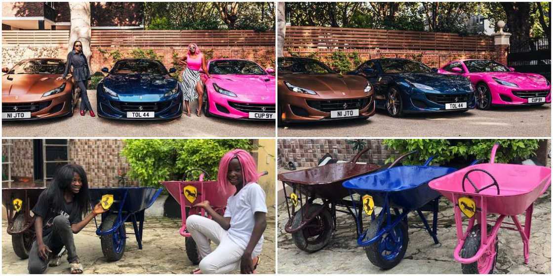 Otedola Ferrari gift: Ikorodu Boiz recreate photos with wheelbarrows, DJ Cuppy, Temi react Otedola Ferrari gift: Ikorodu Boiz recreate photos with wheelbarrows, DJ Cuppy, Temi react
