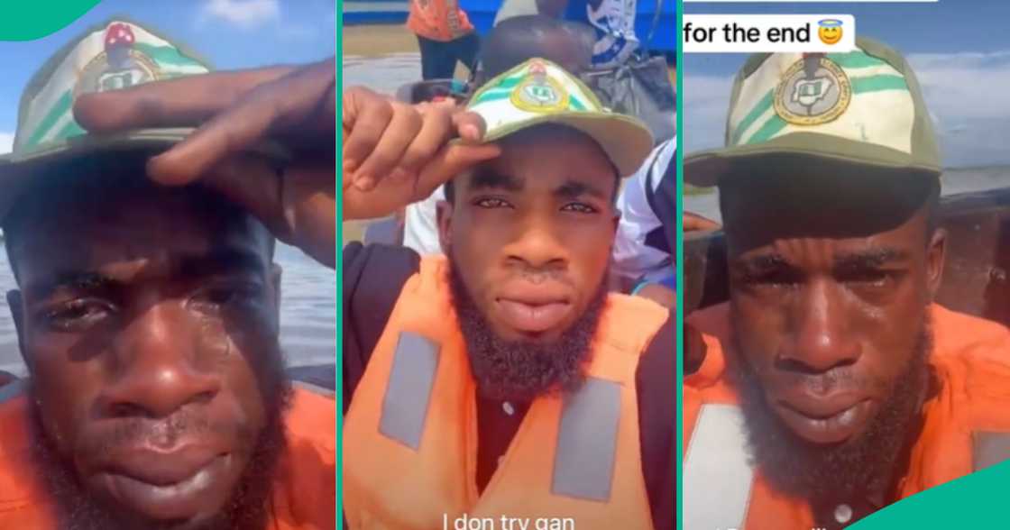 Male corps member cries after boat broke down in middle of river