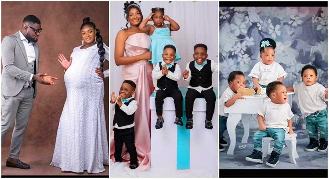 Photos of a mother, her husband and her quadruplets.