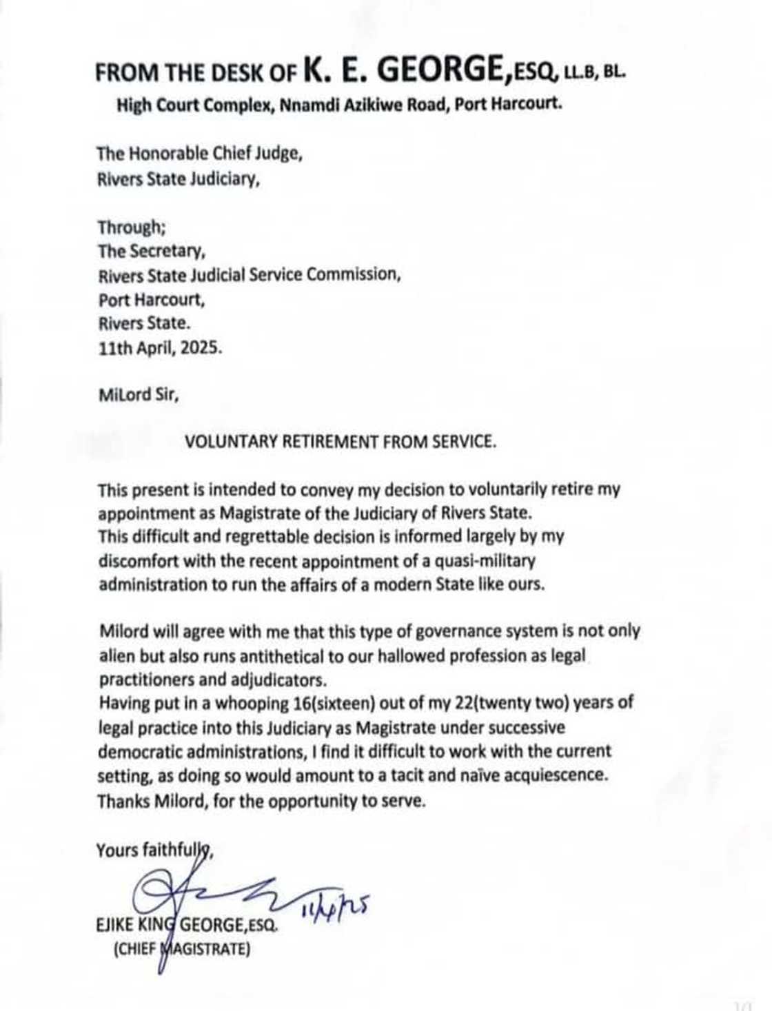 After Serving for 16 Years, Rivers Chief Magistrate Resigns Over ‘Military Leadership’ in State After Serving for 16 Years, Rivers Chief Magistrate Resigns Over ‘Military Leadership’ in State