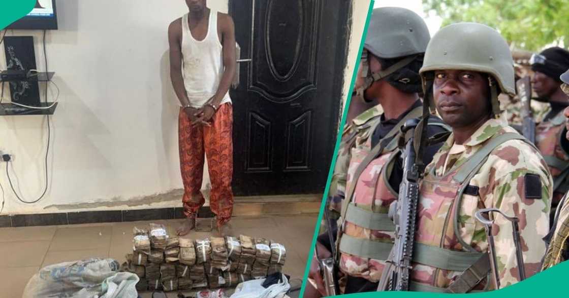 Nigerian troops arrest a suspected kidnapper with millions in cash, weapons, and charms. Nigerian troops arrest a suspected kidnapper with millions in cash, weapons, and charms.