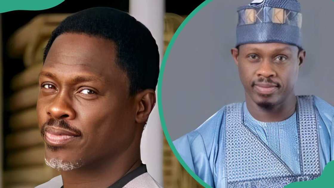 Ali Nuhu is in a blue outfit (L) and a grey and black outfit (R