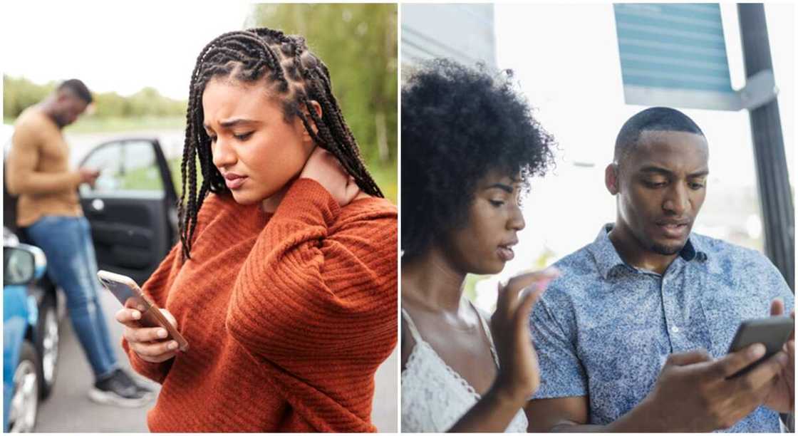 Photos of lady and man holding their phones. Photos of lady and man holding their phones.