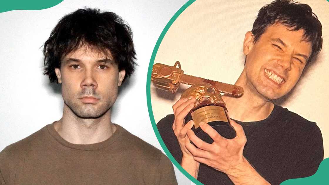 Kyle Edward Ball celebrates proudly while holding his film award. Kyle Edward Ball celebrates proudly while holding his film award.