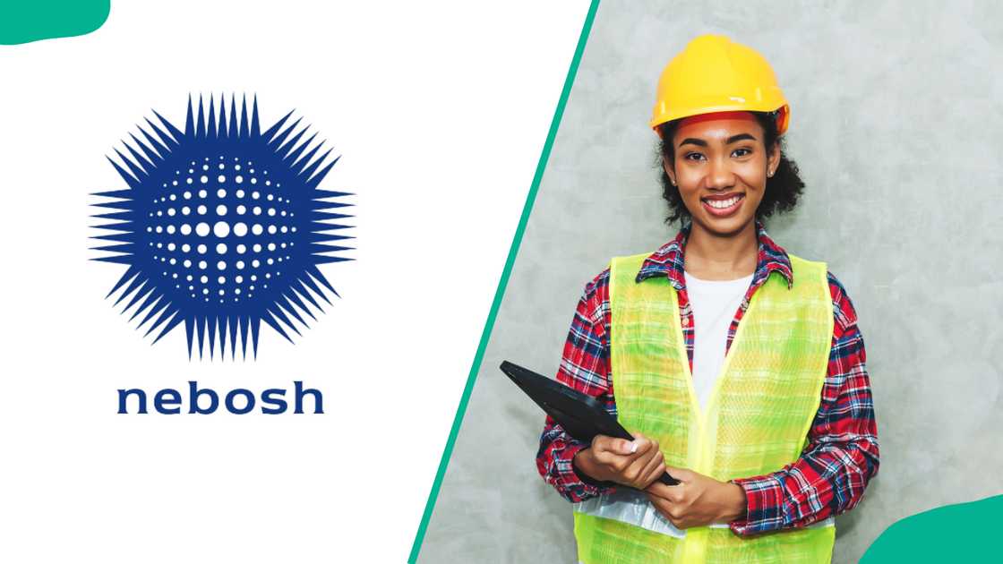 NEBOSH's logo and a lady in a reflective jacket and helmet NEBOSH's logo and a lady in a reflective jacket and helmet