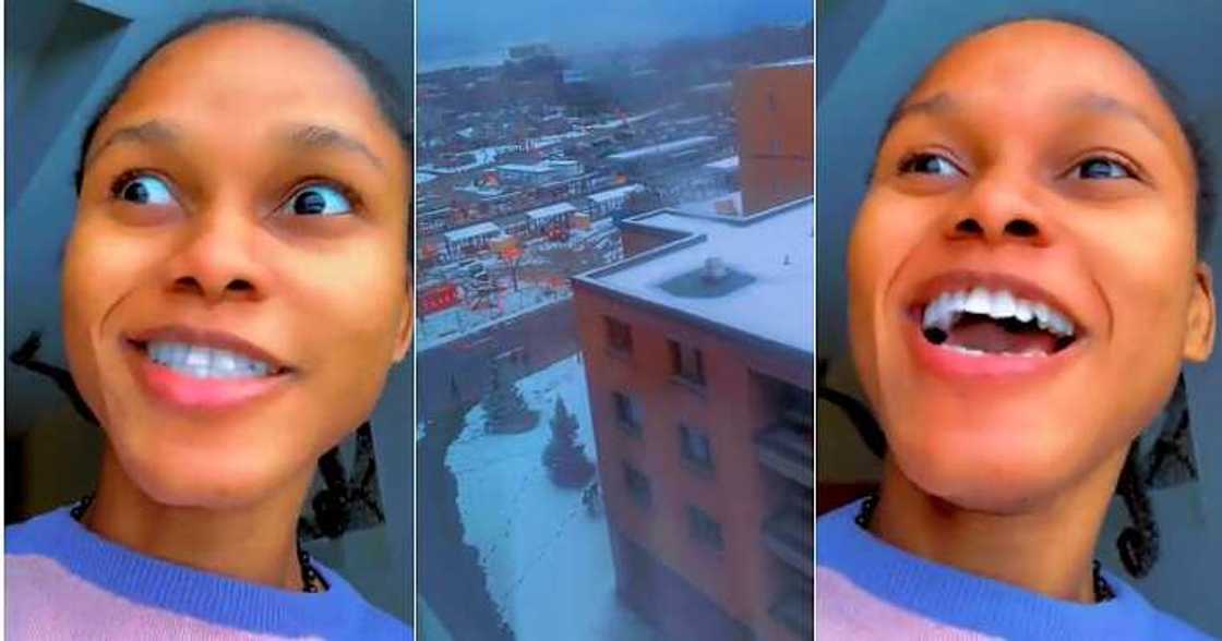 Lady sees snow in Canada, snow fall Lady sees snow in Canada, snow fall