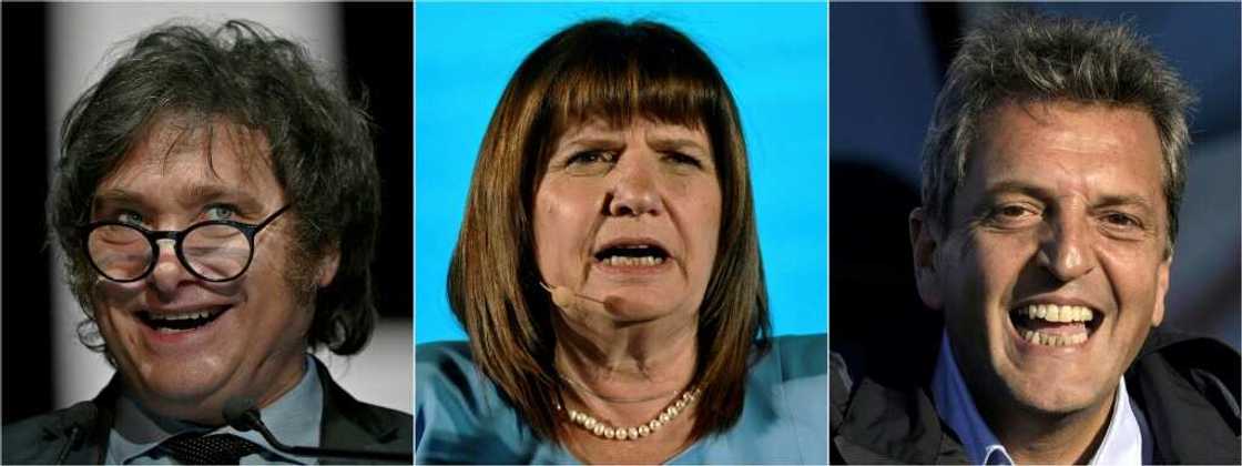 Political outsider Javier Milei, former security minister Patricia Bullrich, and Economy Minister Sergio Massa, are the frontrunners in the election(L to R) Political outsider Javier Milei, former security minister Patricia Bullrich, and Economy Minister Sergio Massa, are the frontrunners in the election(L to R)
