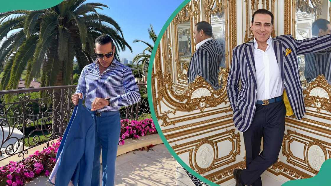 Manny Khoshbin looking at his wristwatch (L). The businessman posing in a black-white outfit (R). Manny Khoshbin looking at his wristwatch (L). The businessman posing in a black-white outfit (R).