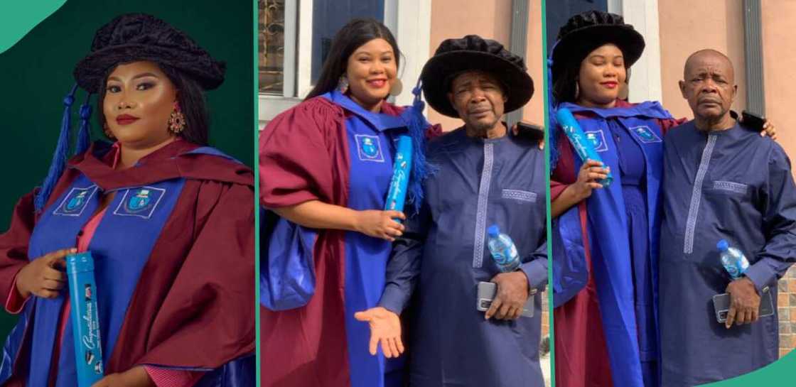Lady bags PhD at 28, poses with her father.
