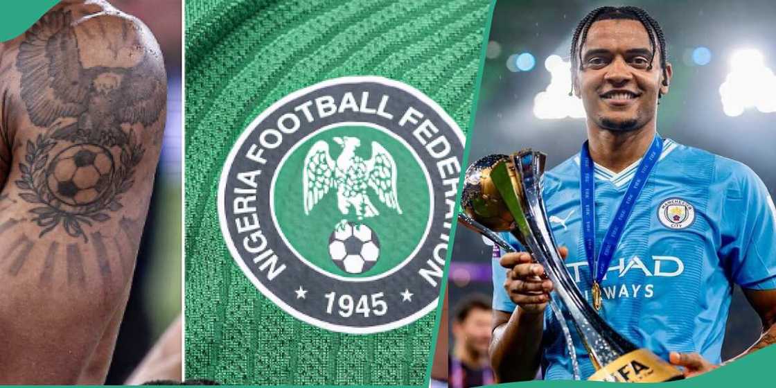 Photos of Manuel Akanji and the Super Eagles emblem