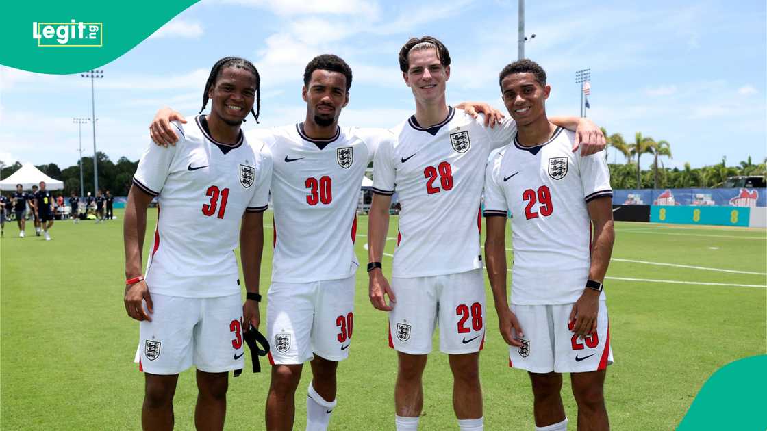 Rio Ngumoha, Ethan Nwaneri, Alex Scott and Josh King at England World Cup camp. Photo by England
