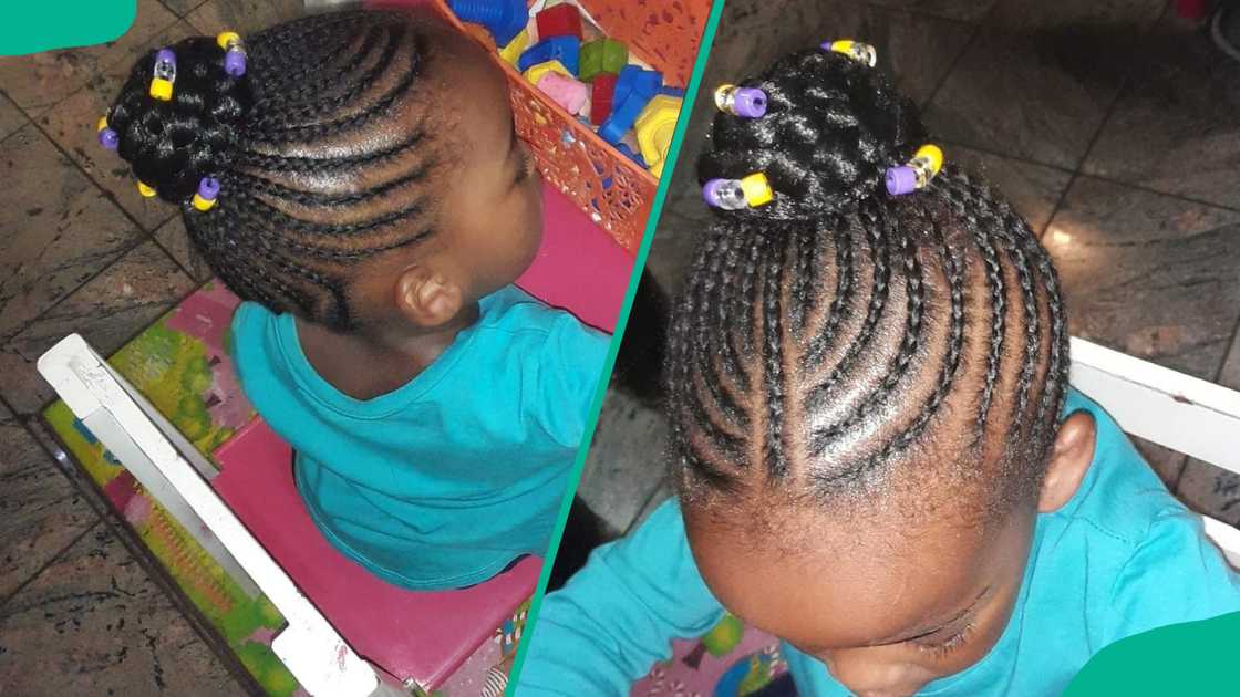 Updo cornrows with a bun extension with multicoloured beads
