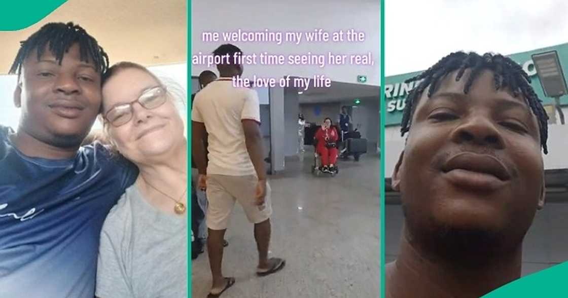 Nigerian man meets his foreign wife for the first time at an airport.