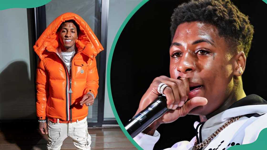 NBA YoungBoy in front of a building (L), NBA YounBoy performing at Champions Square in New Orleans, Louisiana (R).