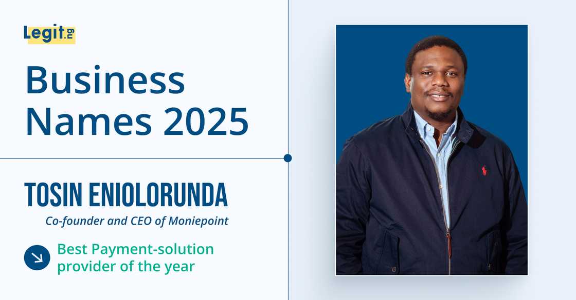 Tosin Eniolorunda, the CEO of Moniepoint has won the Legit Business Award Tosin Eniolorunda, the CEO of Moniepoint has won the Legit Business Award