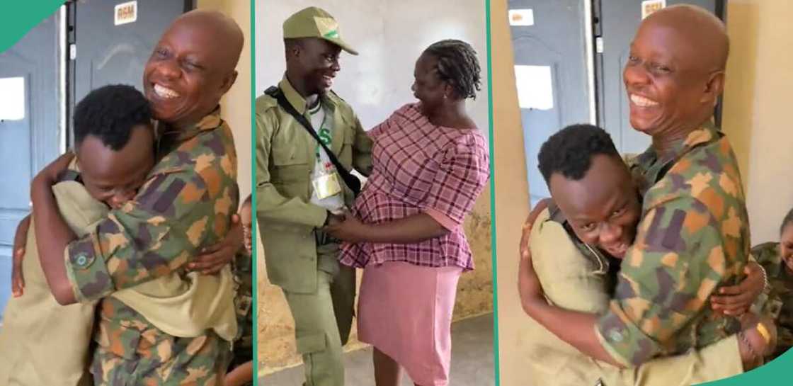 Young man hugging his father and mother.