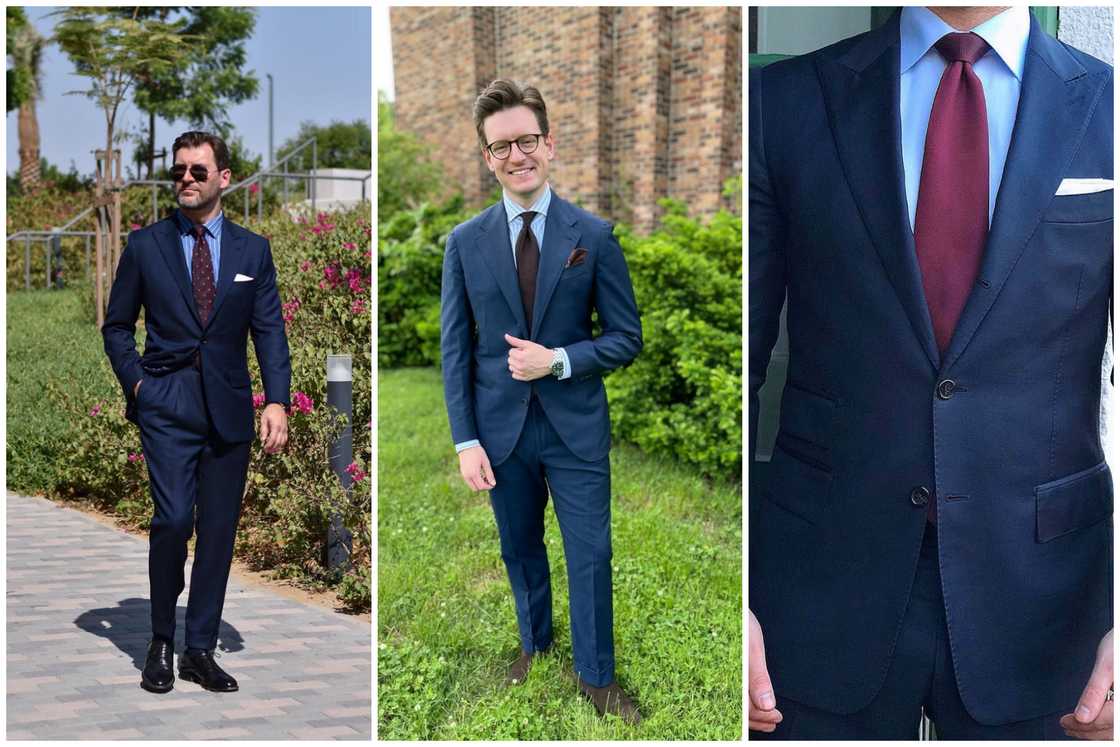 A navy suit and a blue shirt with different color ties A navy suit and a blue shirt with different color ties