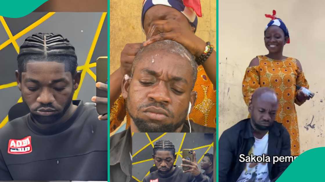 Man shows how his mother shaved his head.