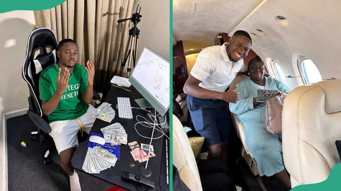 HabbyFX at his workplace with money on his table (L) and with his mother on a plane (R)