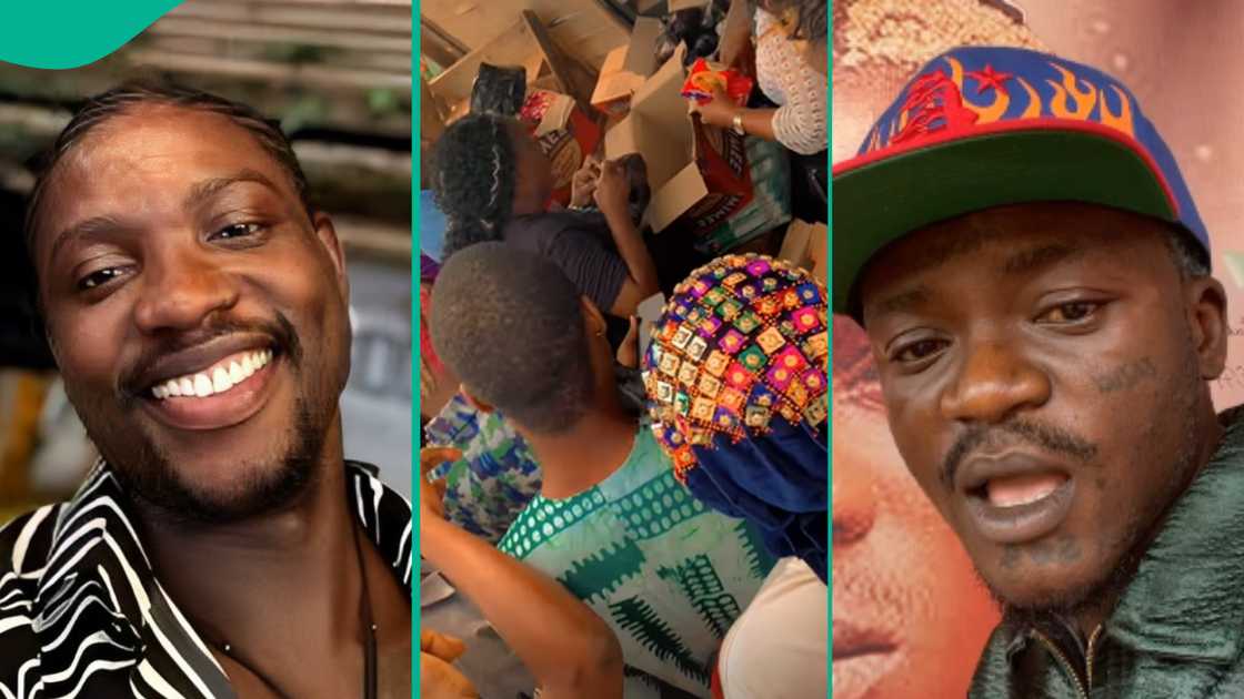 Portable gives out food to market women. Portable gives out food to market women.