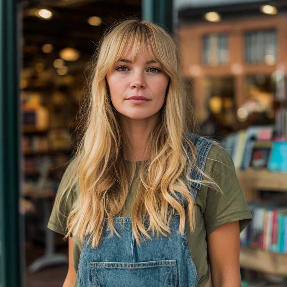 A woman standing outside a bookstore wearing dungarees A woman standing outside a bookstore wearing dungarees