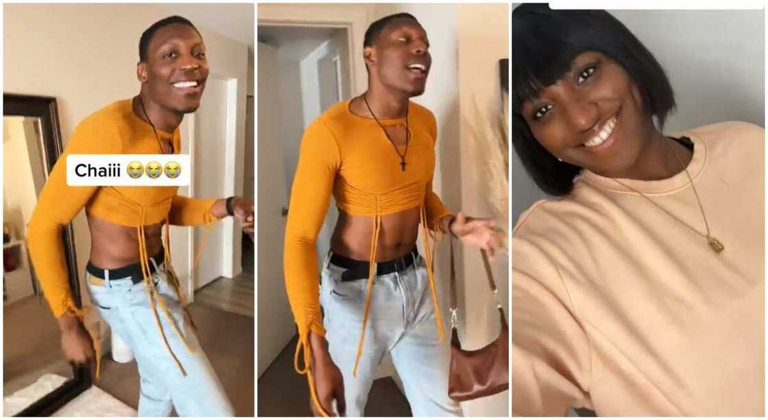 Nigerian man seen in his wife's crop top dress. Nigerian man seen in his wife's crop top dress.