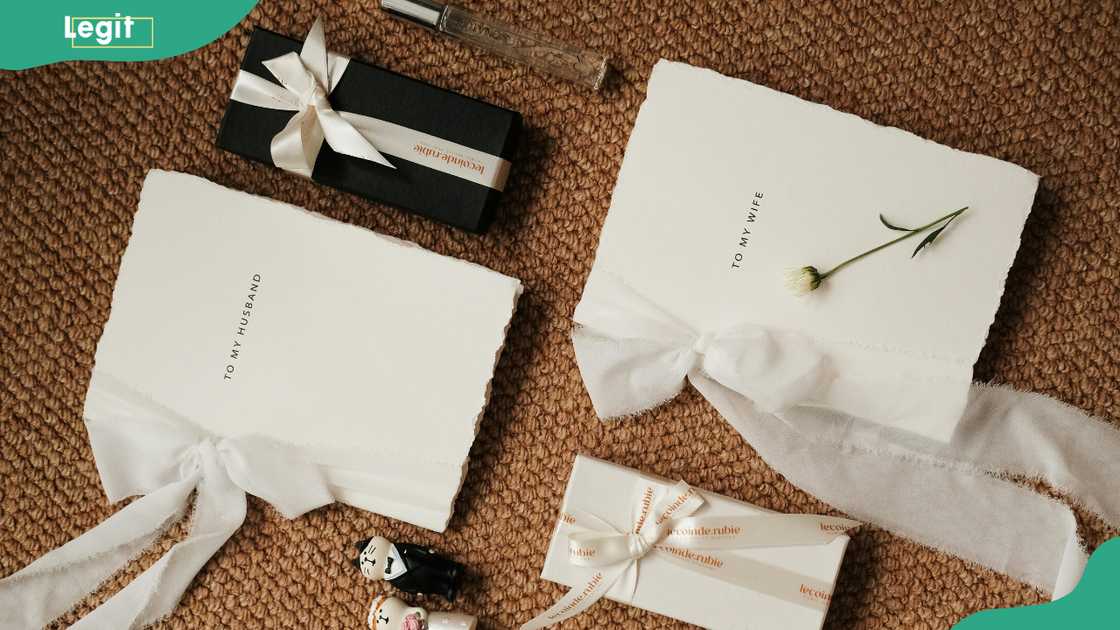 Elegant wedding gift arrangement on a textured carpet Elegant wedding gift arrangement on a textured carpet