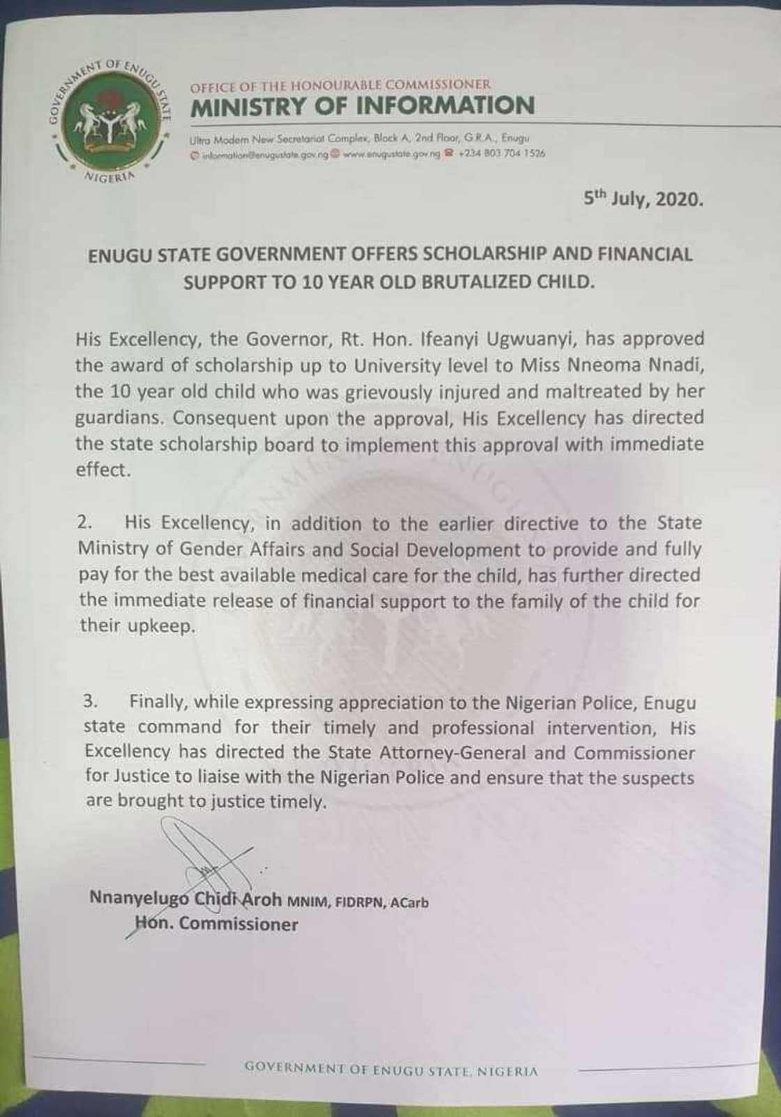 Gov Ugwuanyi offers scholarship, financial support to 10-year-old brutalized child Gov Ugwuanyi offers scholarship, financial support to 10-year-old brutalized child