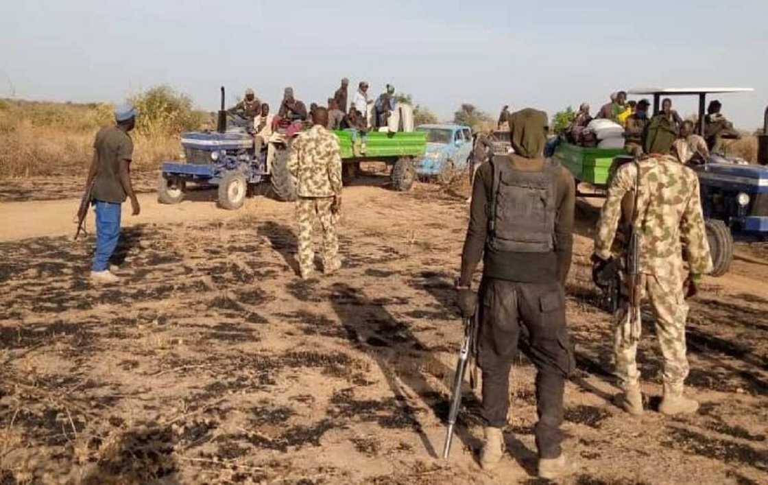 Hotunan sojin Najeriya suna tsaro da taya manoman Zabarmari girbi a gona