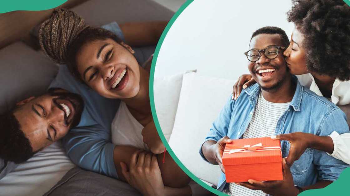 A couple resting in bedroom (L). A young couple with gift box hugging at home (R)