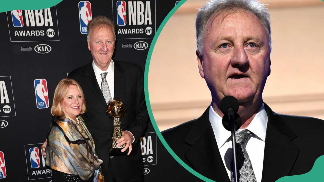 Dinah Mattingly and Larry Bird pose with the 'Lifetime Achievement' award, and Bird speaks onstage during the NBA Awards presented by Kia