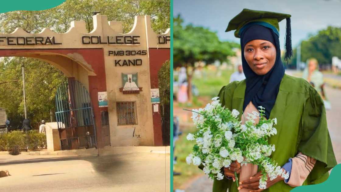 Federal College of Education, Kano entrance gate. A graduate holding flowers.
