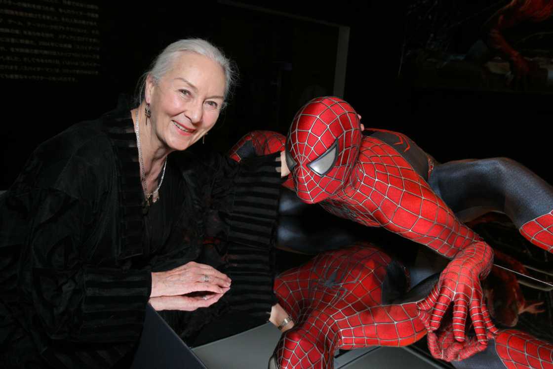 Rosemary Harris poses with spiderman at Toho Cinemas Roppongi Hills