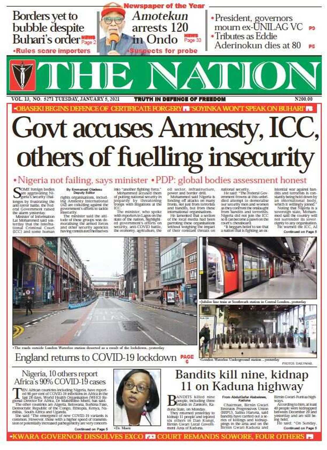 Newspaper reviews: FG accuses Amnesty, ICC, of fuelling insecurity in Nigeria