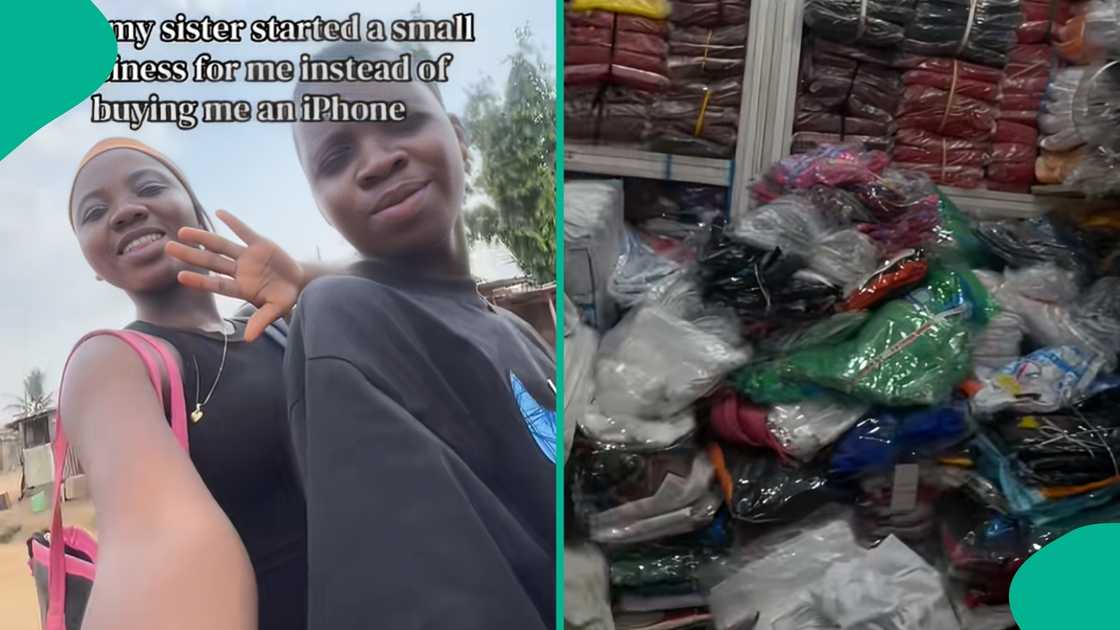 Young Nigerian man showcases new clothing business started by his sister, displaying racks of men’s wear products in store.