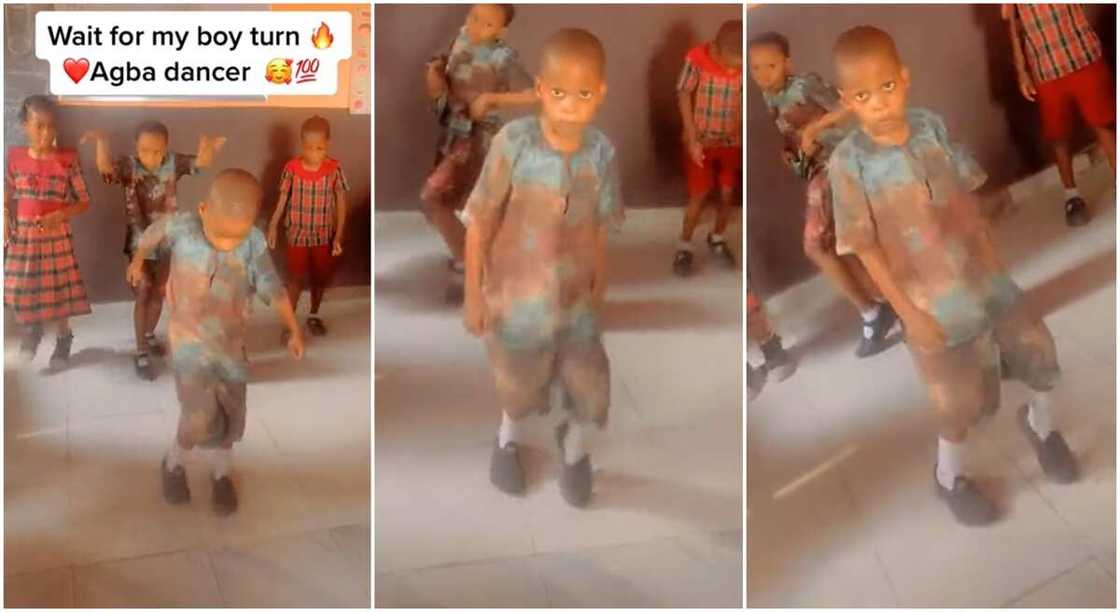 Photos of a schoolboy dancing in a classroom.