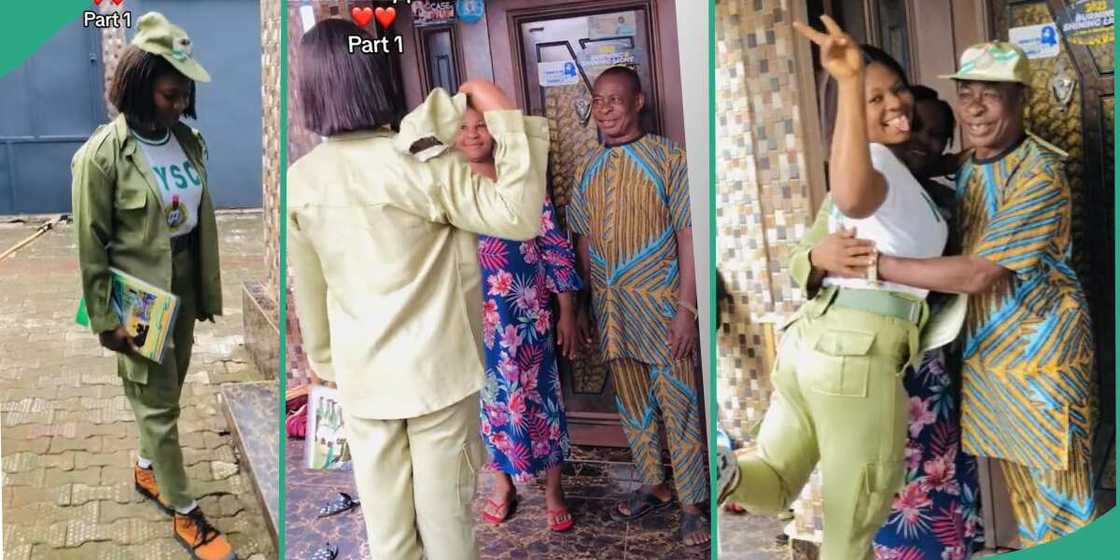 NYSC lady salutes her parents. NYSC lady salutes her parents.