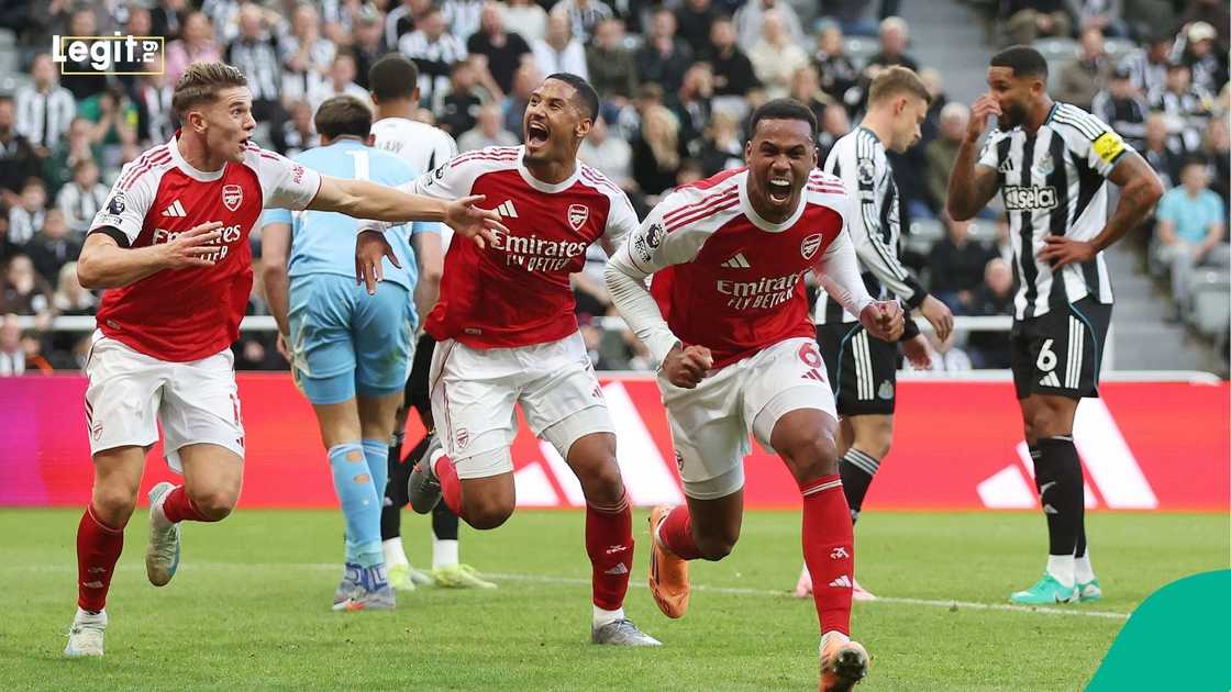 Gabriel, Arsenal, Newcastle United, EPL, St. James' Park, Football, Europe. Gabriel, Arsenal, Newcastle United, EPL, St. James' Park, Football, Europe.