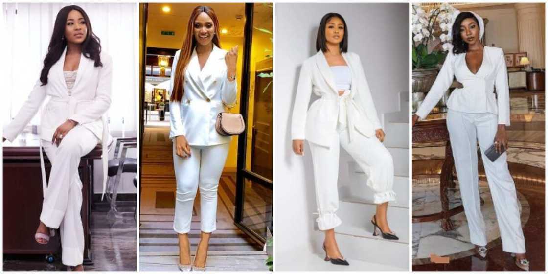 Nigerian celebrities in white pantsuits. Nigerian celebrities in white pantsuits.
