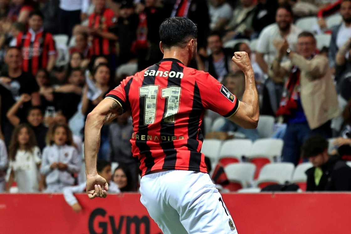 Morgan Sanson celebrates his winner for Nice Morgan Sanson celebrates his winner for Nice