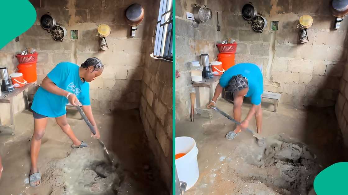 Nigerian lady mixes cement, transforms kitchen floor herself as video leaves many impressed Nigerian lady mixes cement, transforms kitchen floor herself as video leaves many impressed